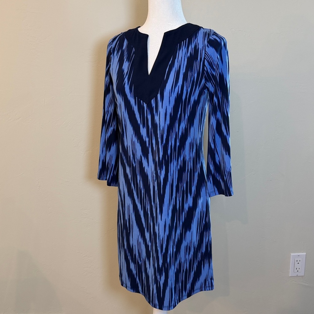 Michael Kors Navy & Blue Patterned Long Sleeve V-neck Dress XS
